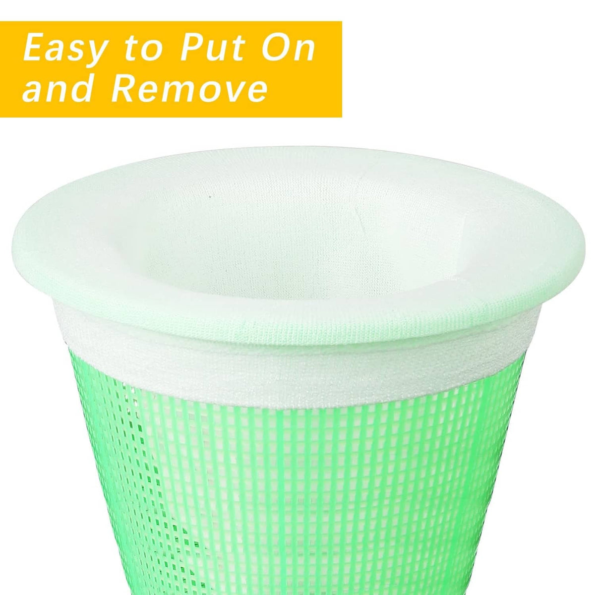 Green mesh pool skimmer filter sock with white elastic rim, close-up