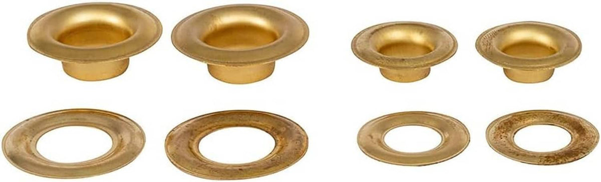 Set of brass grommets and washers, round eyelets with raised rim
