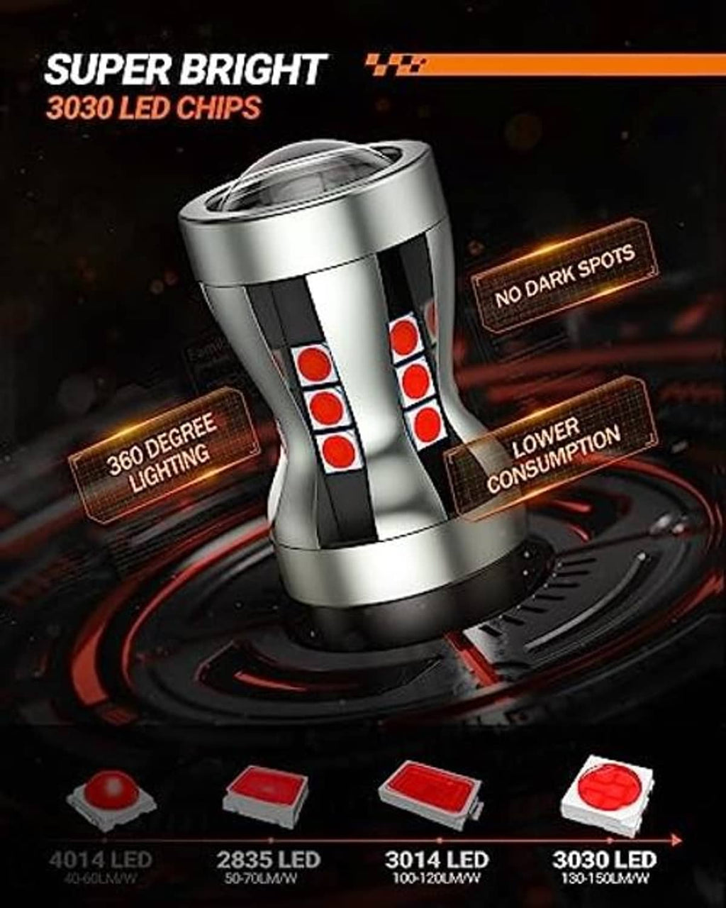 Silver LED brake light bulb with red LED dots and black base, single product render