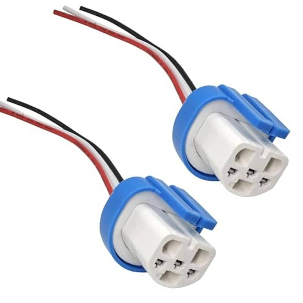 Two female ceramic harness adapters with blue housings and 3-pin sockets, angled close-up.
