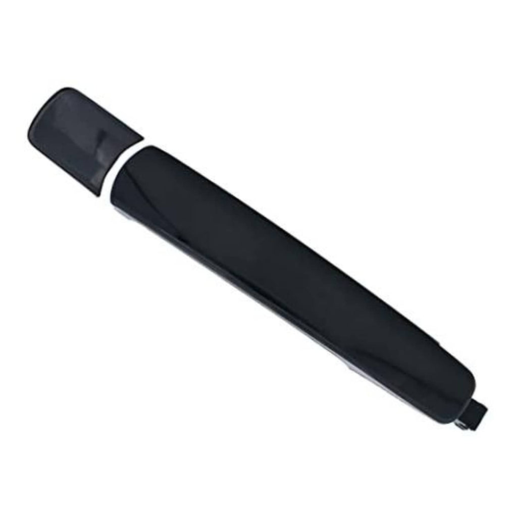 Black exterior door handle with smooth rectangular grip and small mounting tab