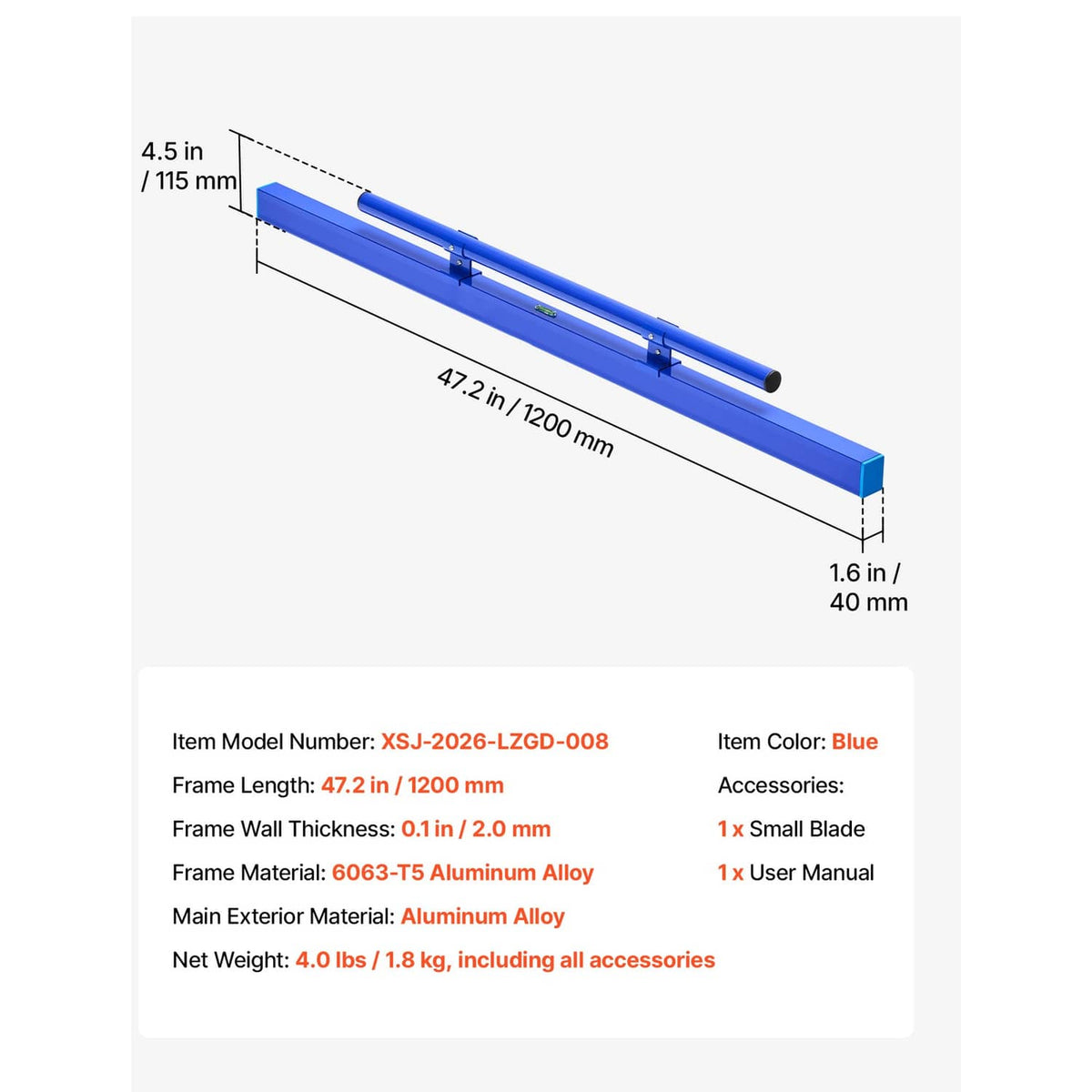 Blue manual concrete screed board with long blade tube and compact aluminum frame