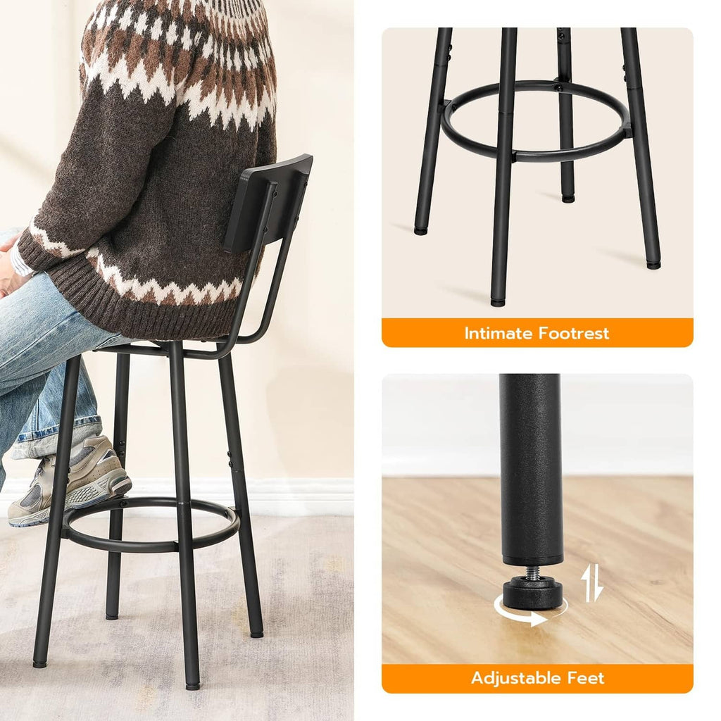 Black bar stool with curved backrest, round seat, circular footrest, and adjustable feet