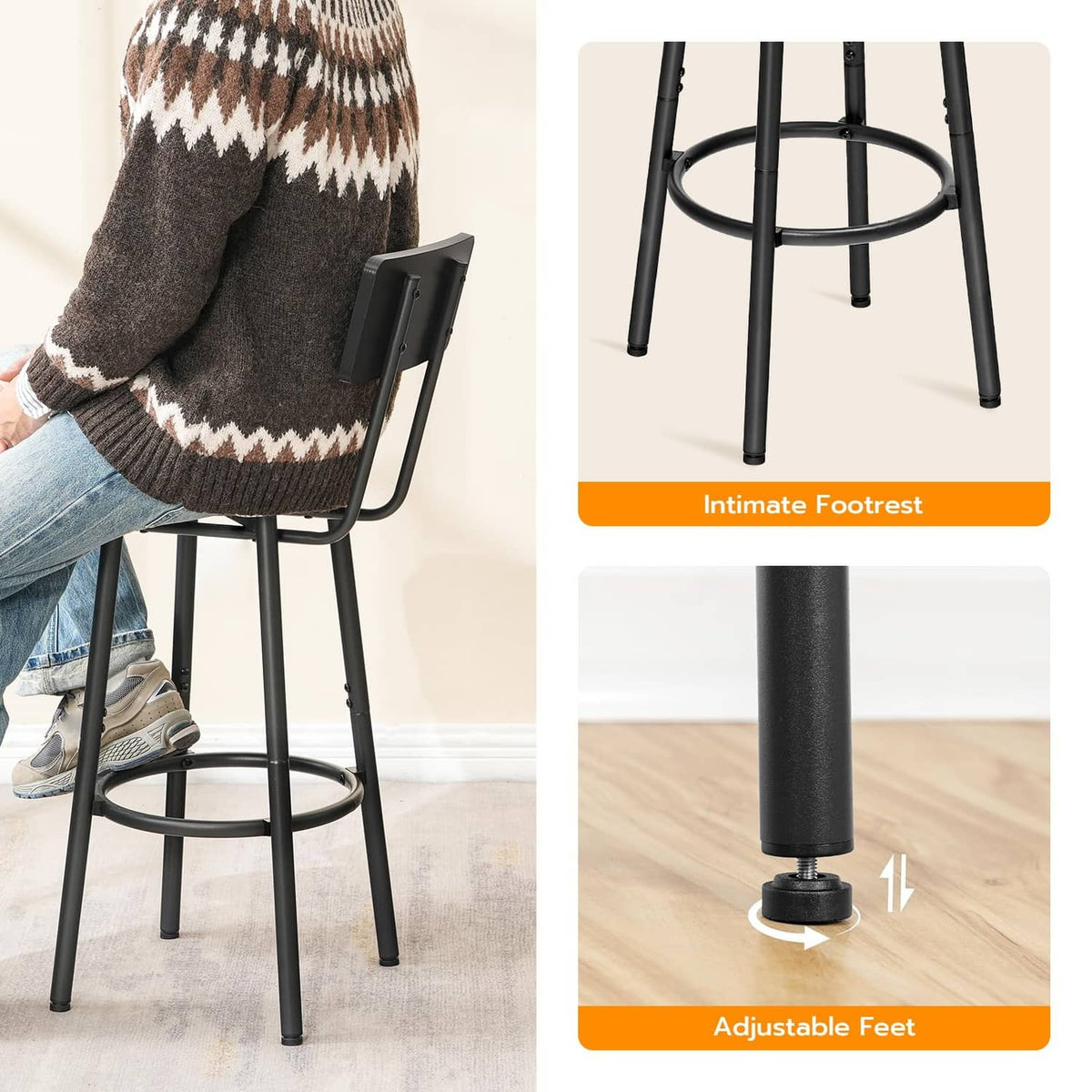 Black bar stool with curved backrest, round seat, circular footrest, and adjustable feet