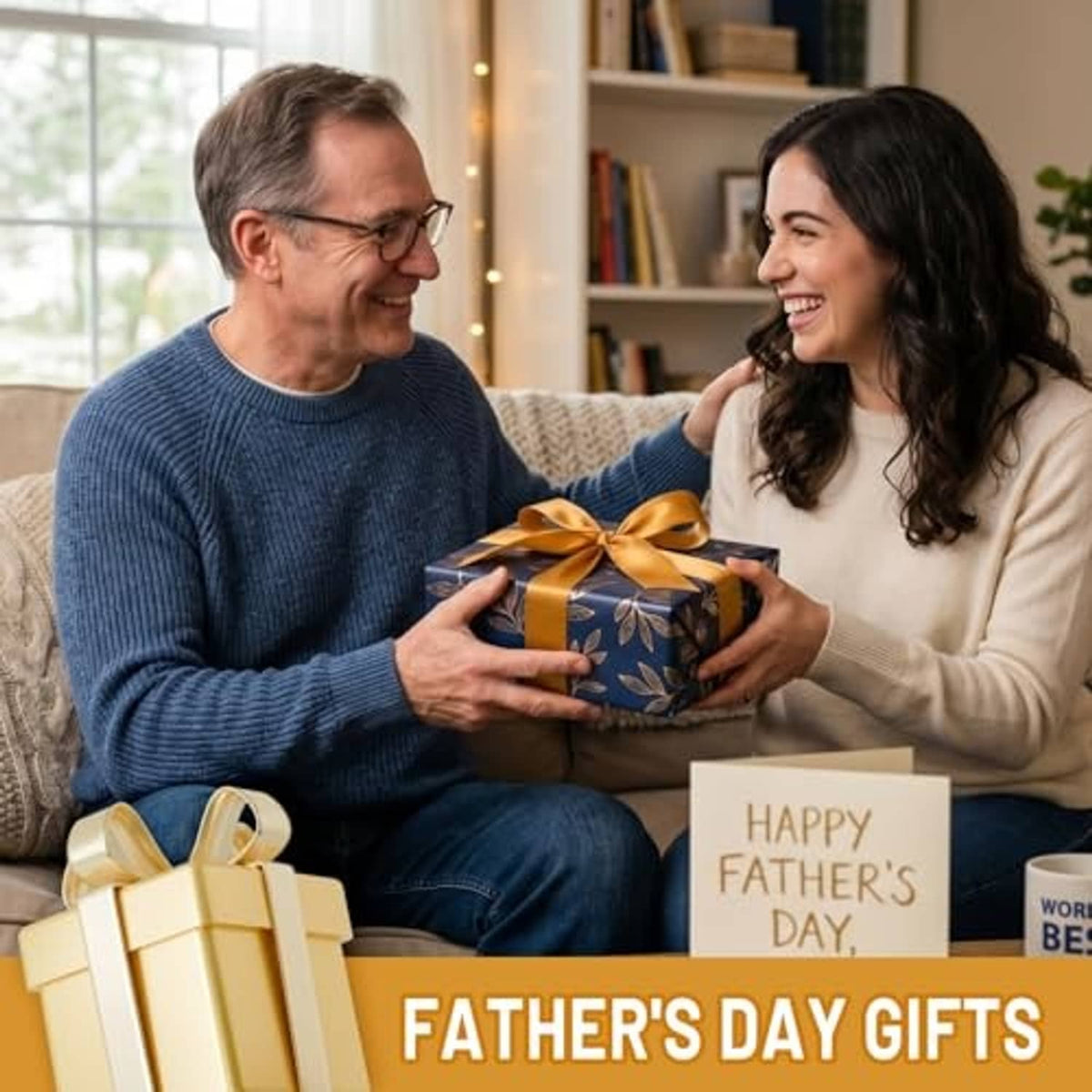 Father's Day gift box with blue wrapping and gold ribbon held by two people