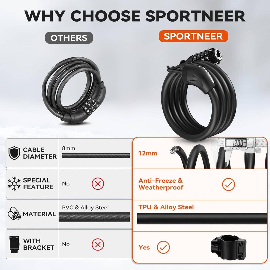 Black 4-digit bike cable lock with coiled cable and number combination dial