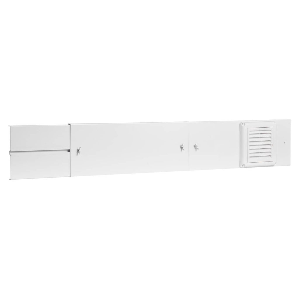 Dryer vent window kit fully extended with white vent grille for window installation