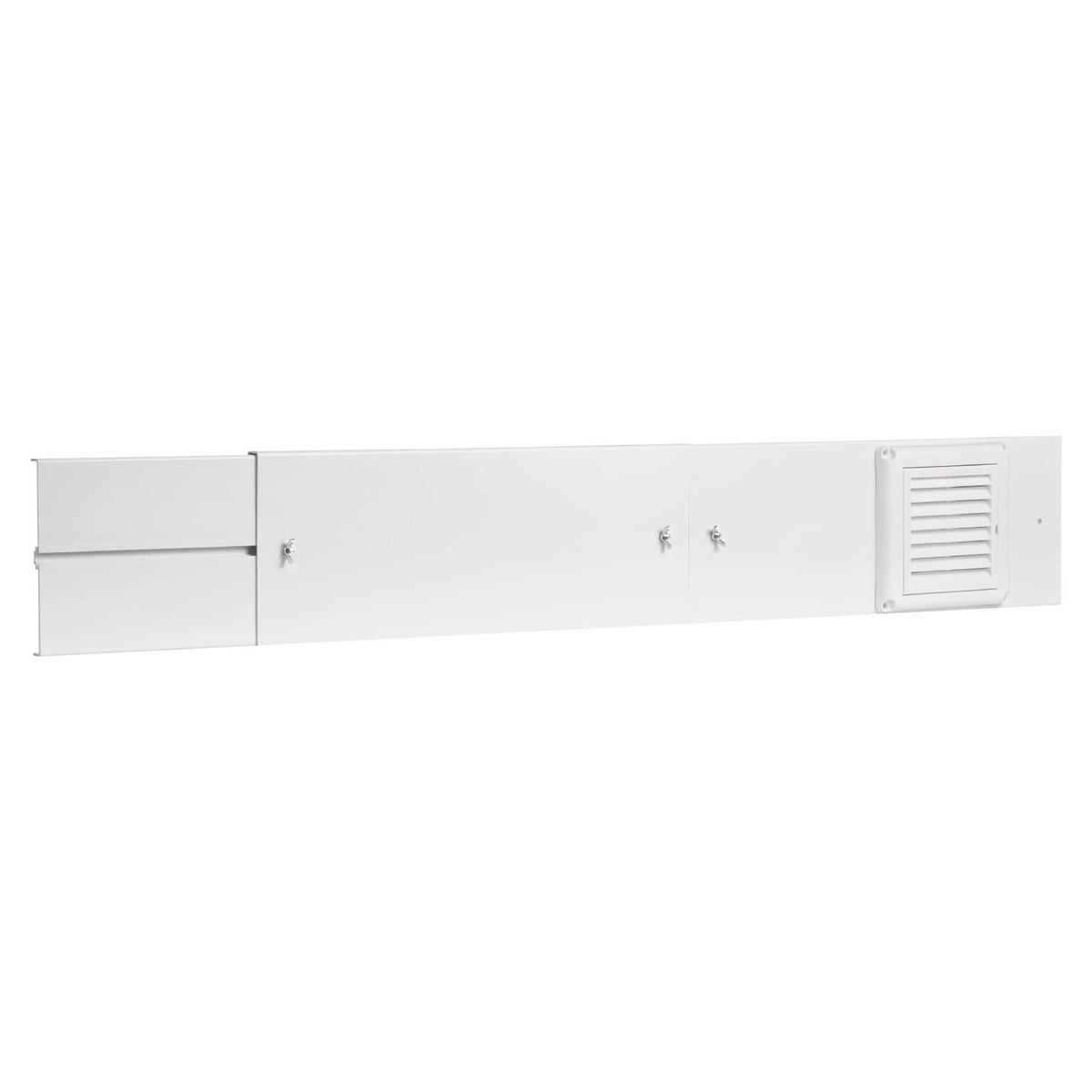 Dryer vent window kit fully extended with white vent grille for window installation