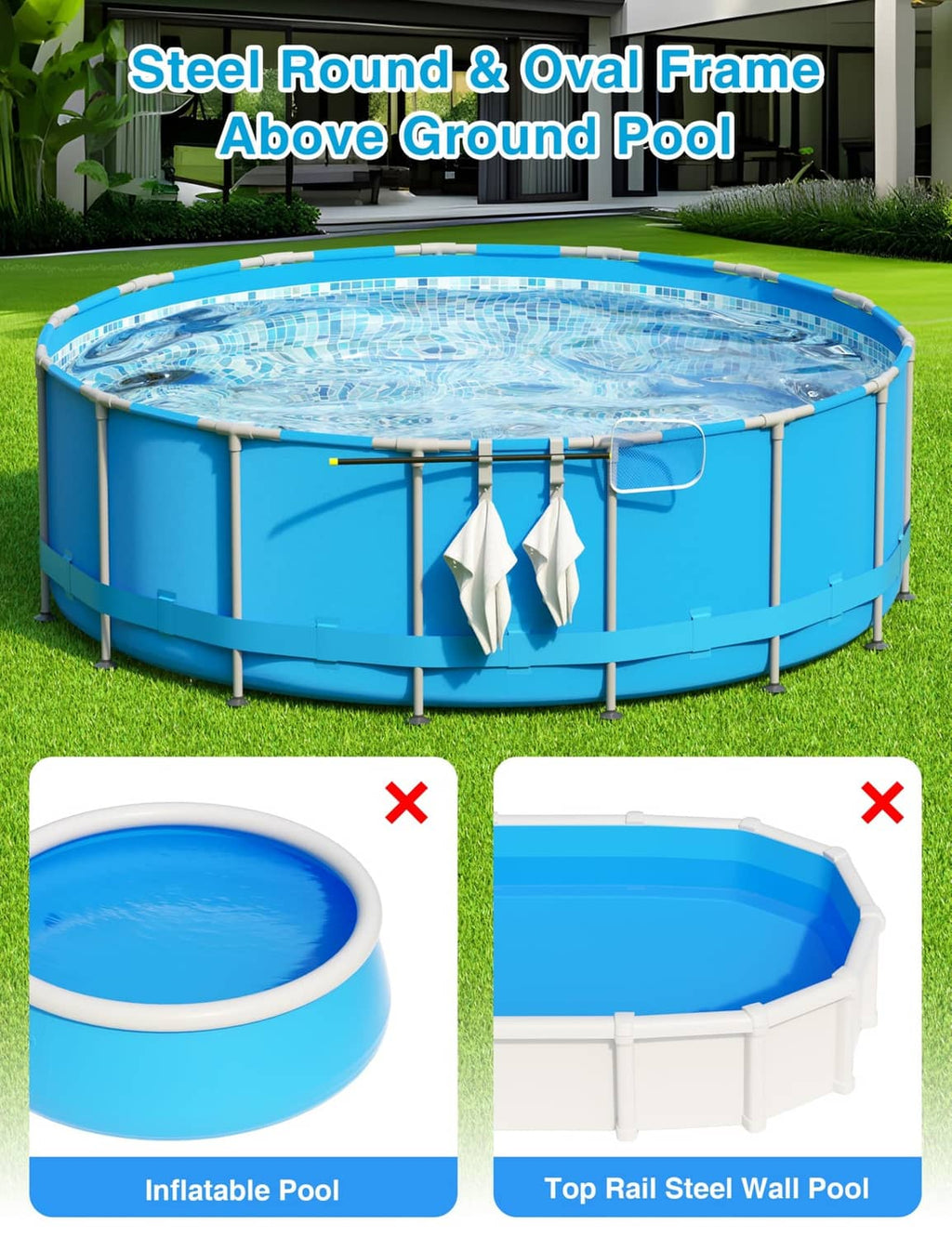 Three-hook pool hanger attached to an above-ground pool top rail