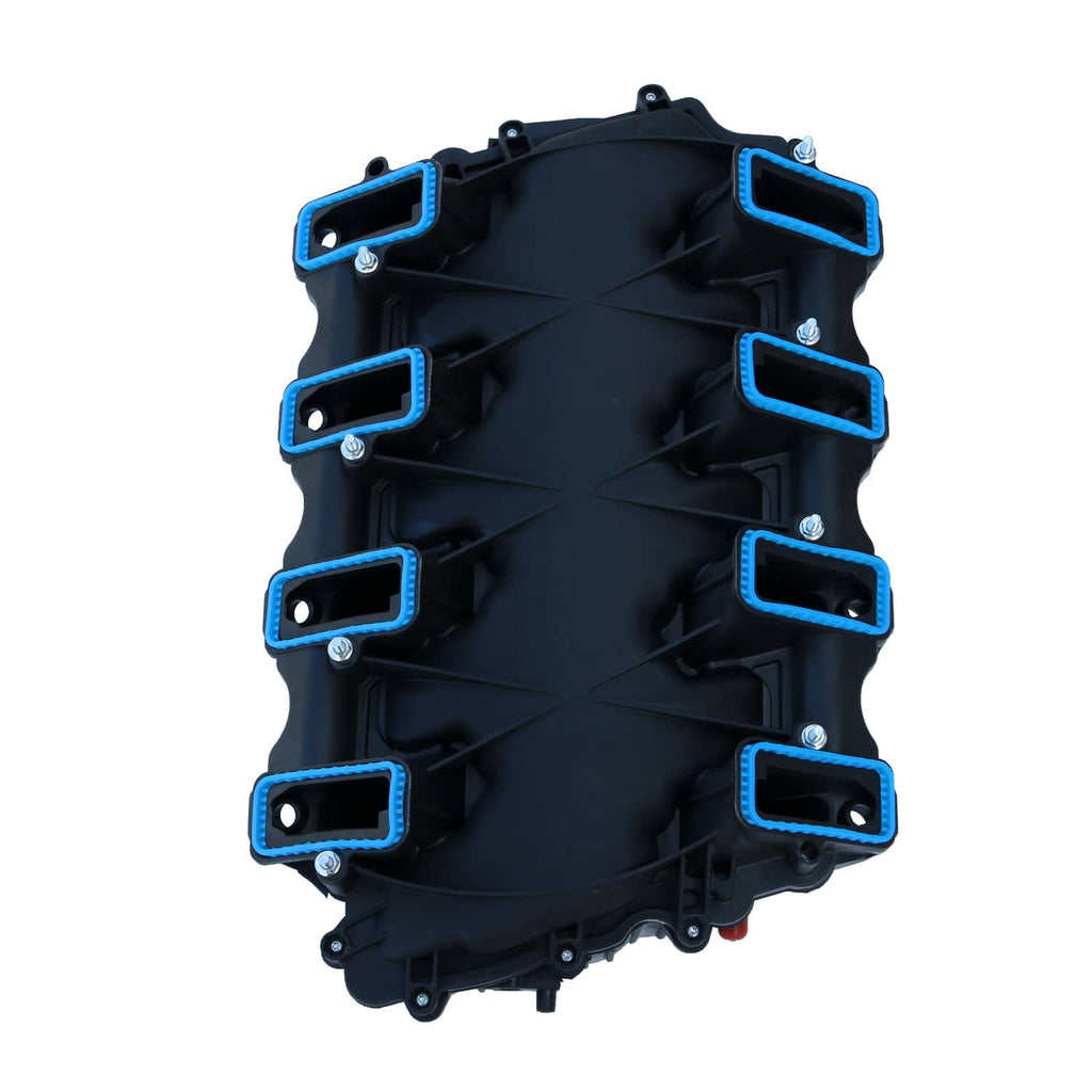 Black intake manifold with blue gasket ports and mounting bolts