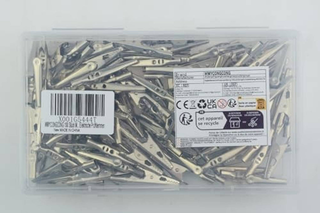 Clear plastic bag of silver metal alligator clips, assorted electrical clamps