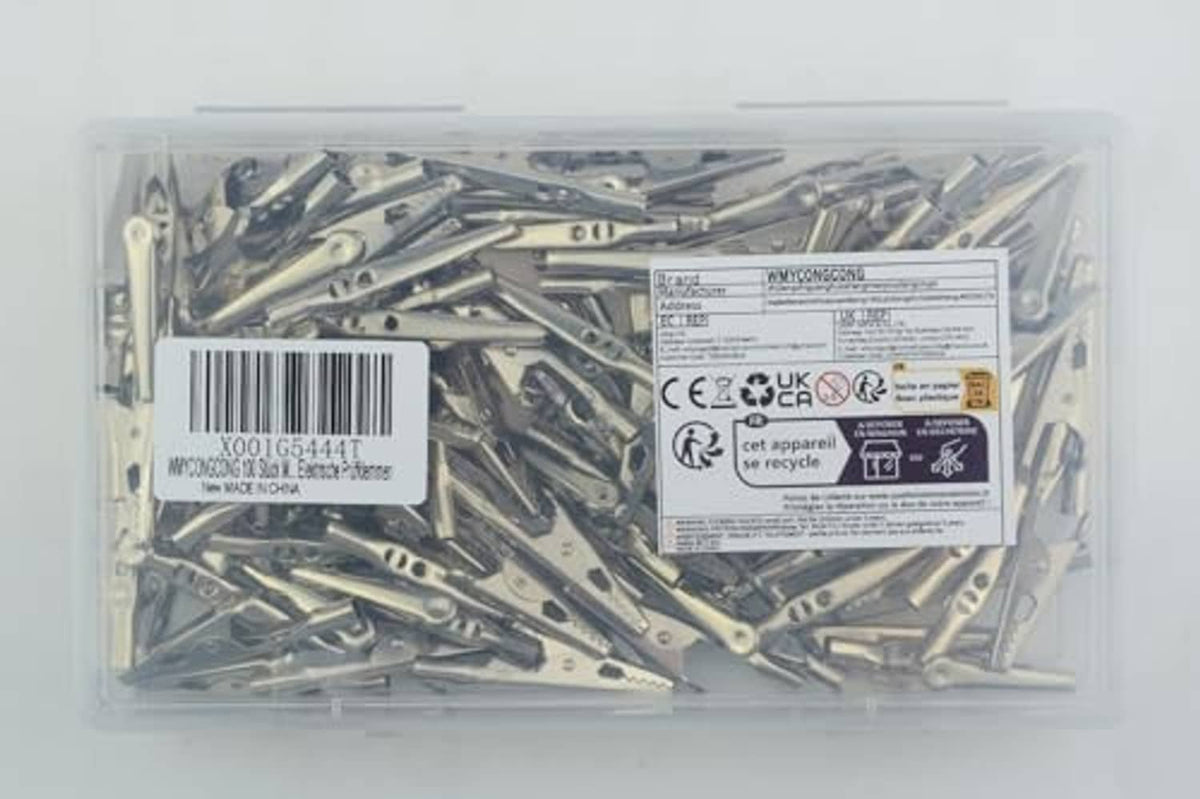 Clear plastic bag of silver metal alligator clips, assorted electrical clamps