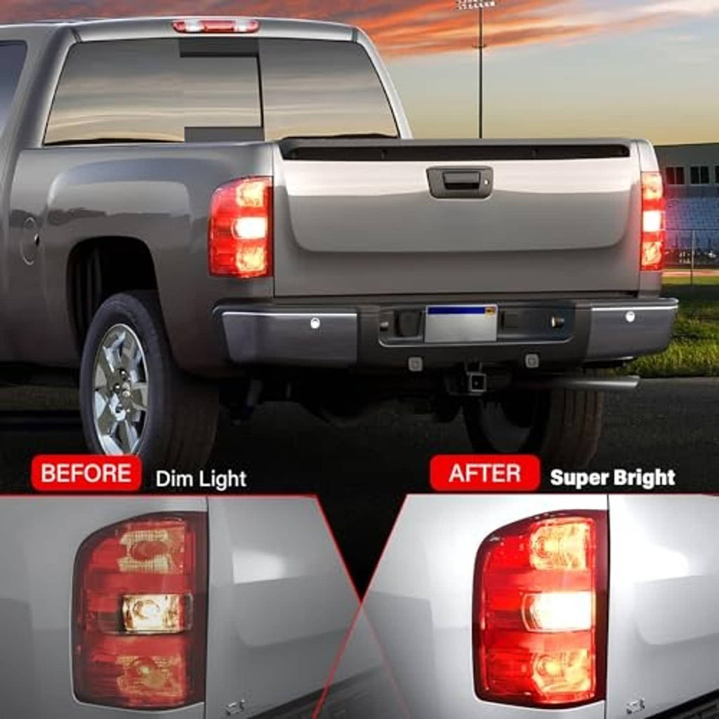 Tail light assembly with red-and-clear lens, shown in before and after view