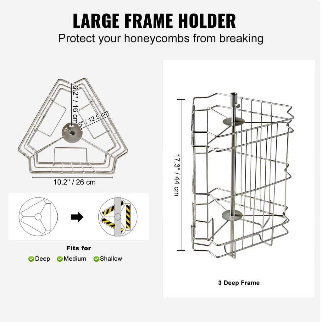 Large frame holder wire basket with 3 deep frame supports for honey extraction