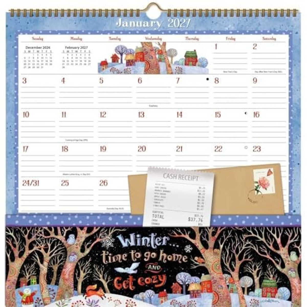 Spiral-bound desk calendar page showing January 2027 with brown cash receipt card