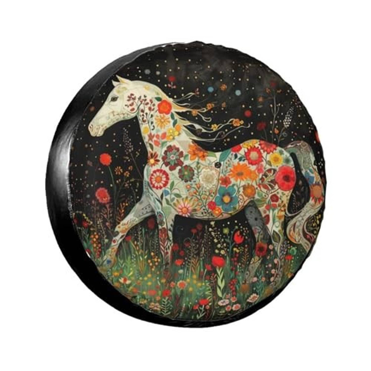 Round spare tire cover in black with floral horse pattern and decorative accents