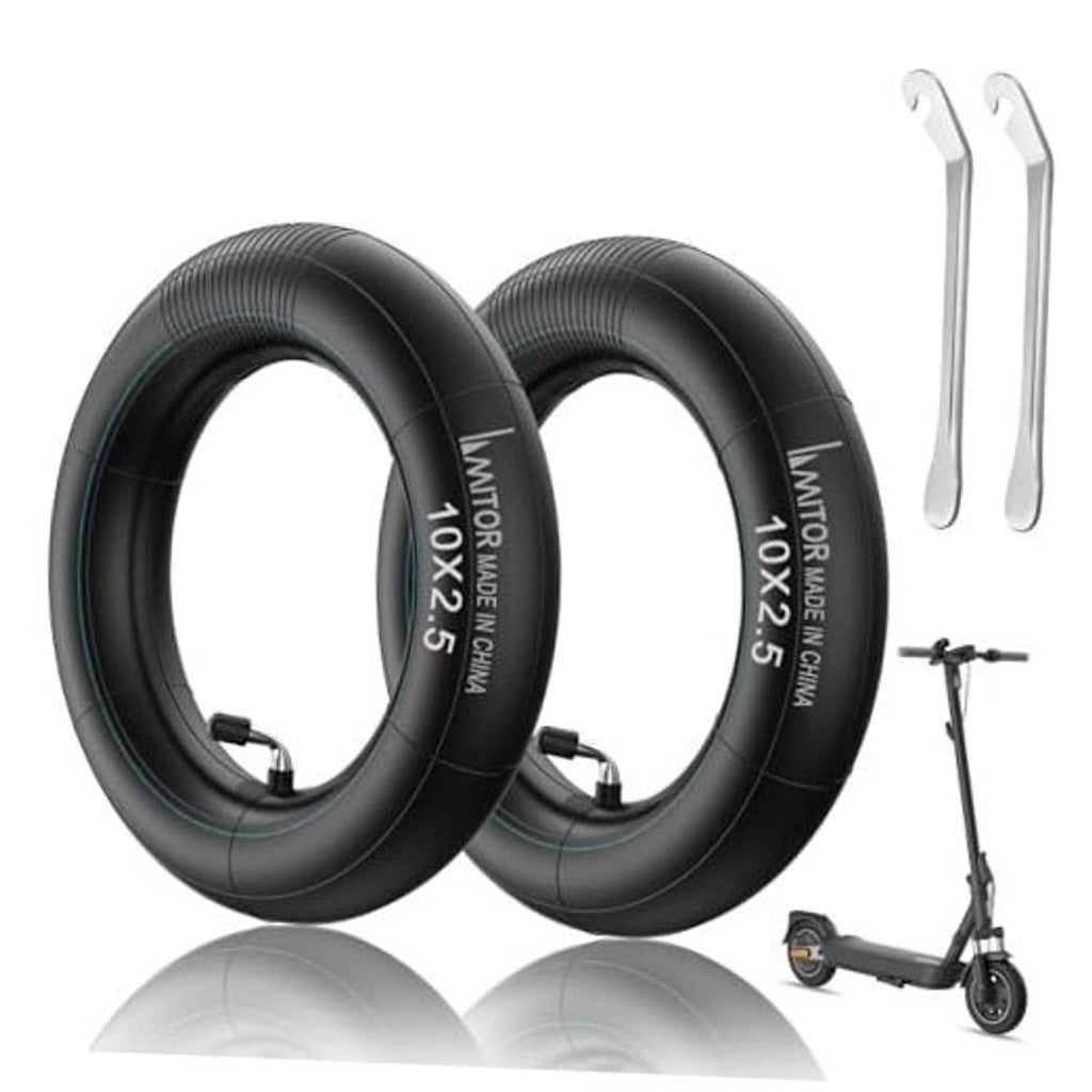 Two black scooter inner tubes with air valves and two silver tire levers set