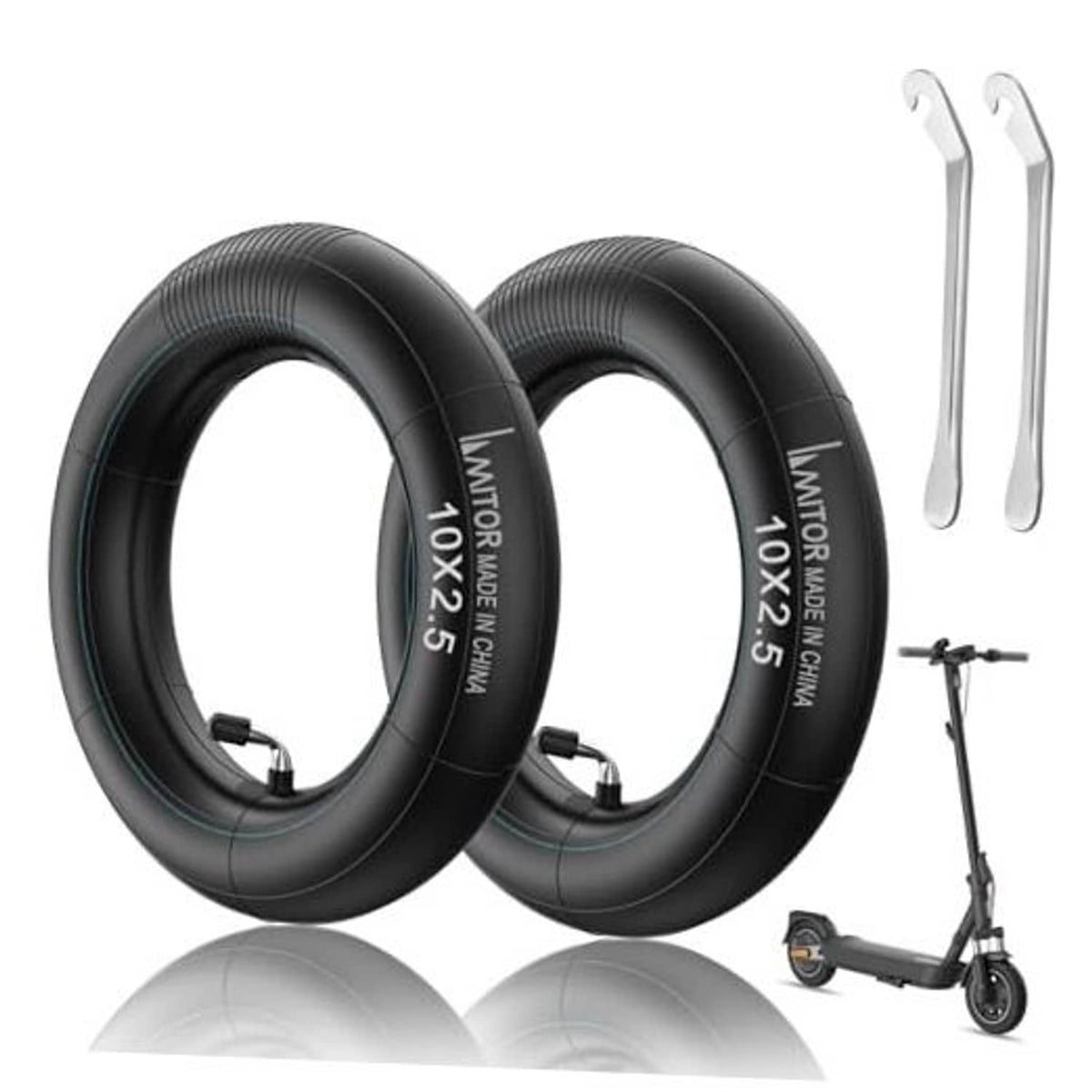 Two black scooter inner tubes with air valves and two silver tire levers set