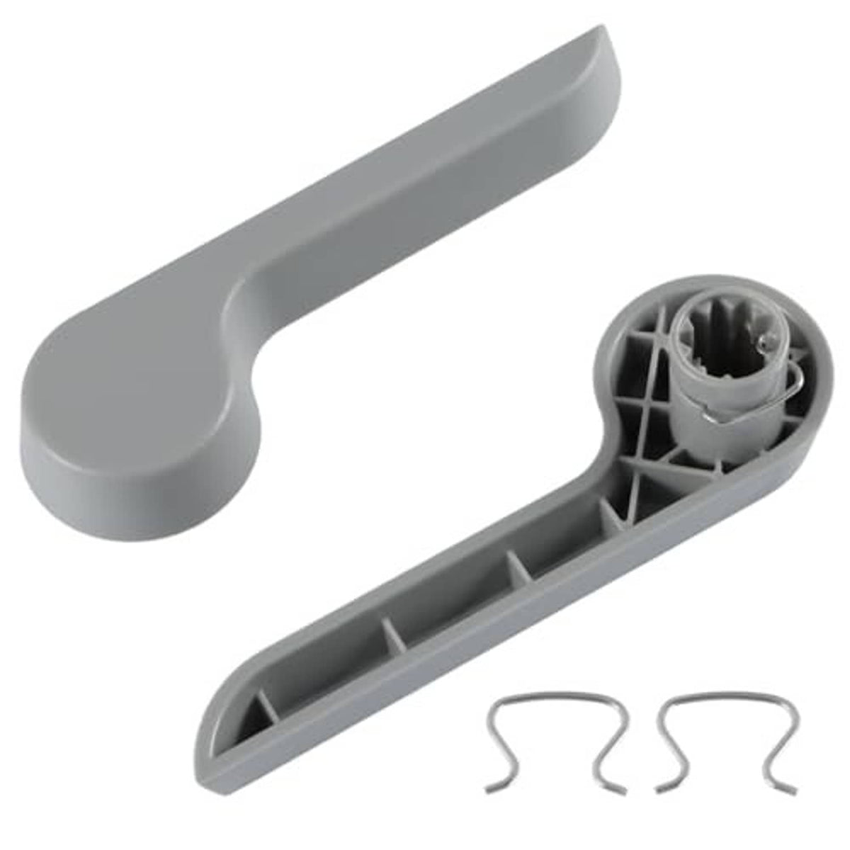 Gray seat recliner handle lever with exposed mounting socket and two clip pins
