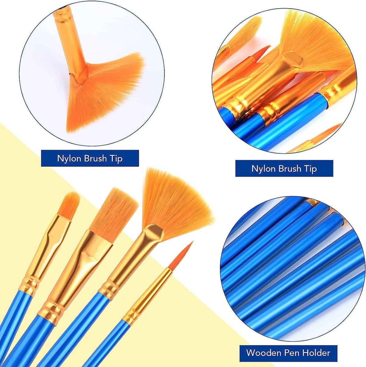 Acrylic paint brush set with nylon bristle tips, blue handles, and a wooden pen holder