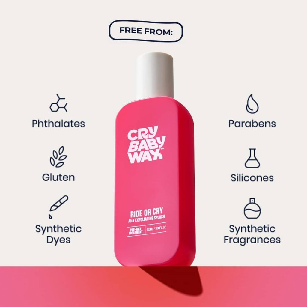 Pink Cry Baby Wax bottle with ingredient icons: phthalate-free and paraben-free