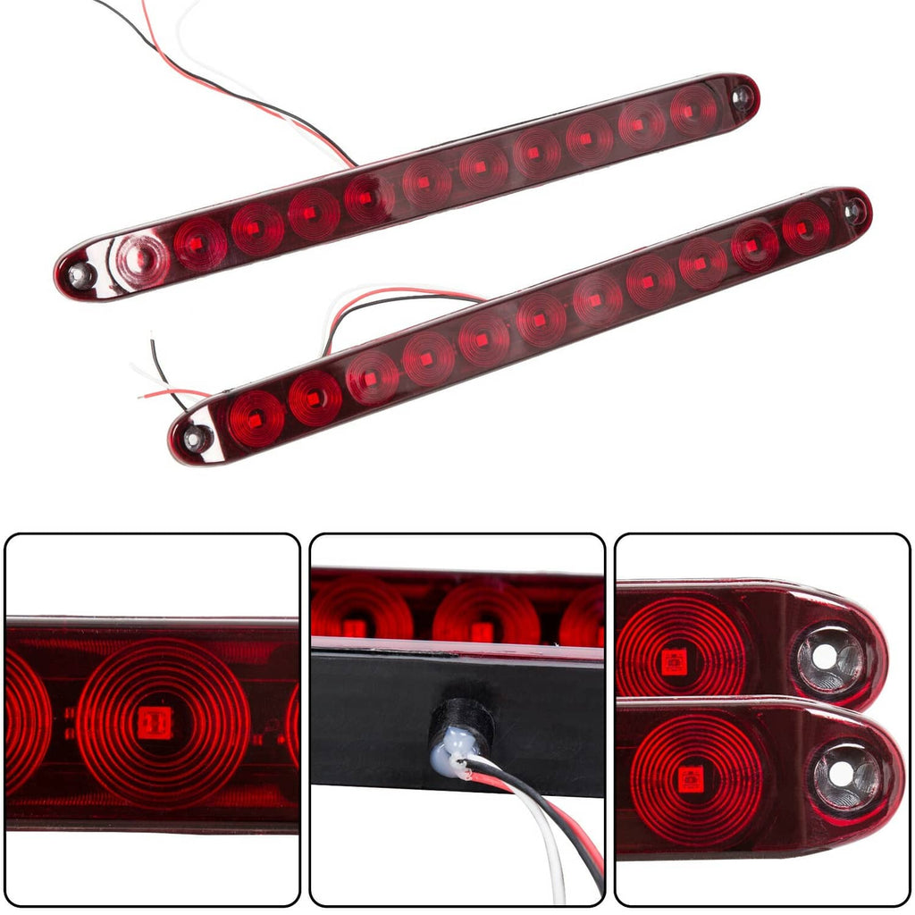 Red LED trailer light bar pair with side mounting holes and exposed wiring leads