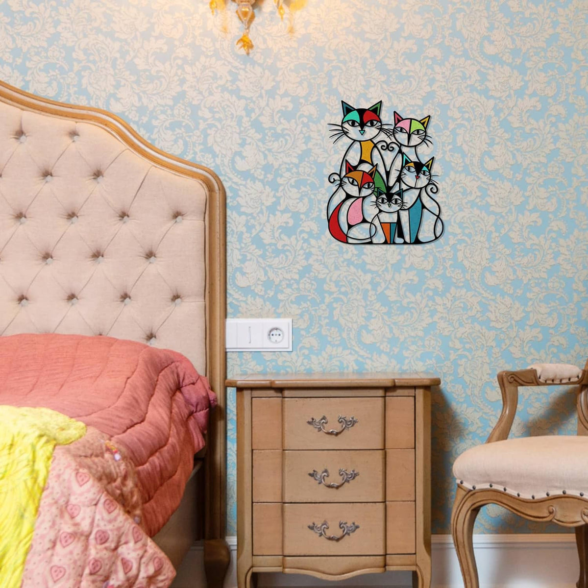 Metal cat wall art with five retro cats in colorful cutout design on patterned wall