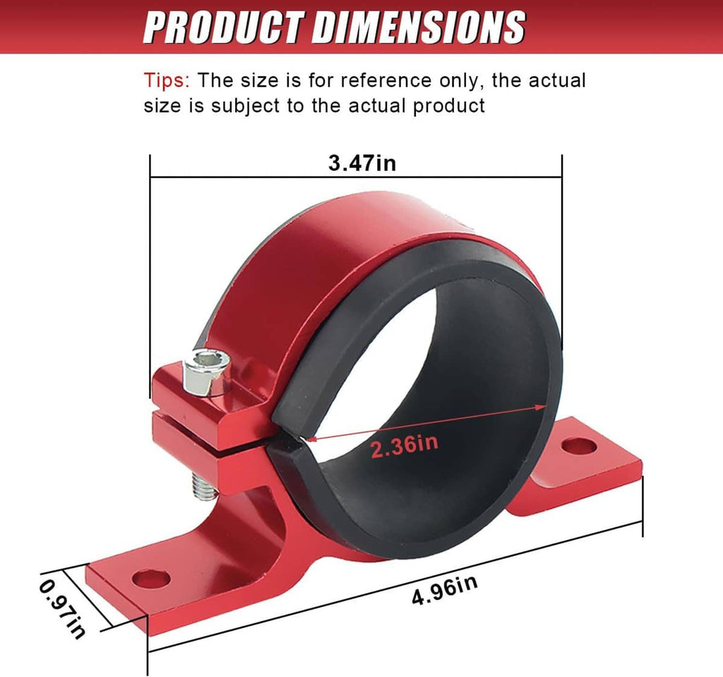 Red fuel filter bracket with black rubber insert and two base mounting holes