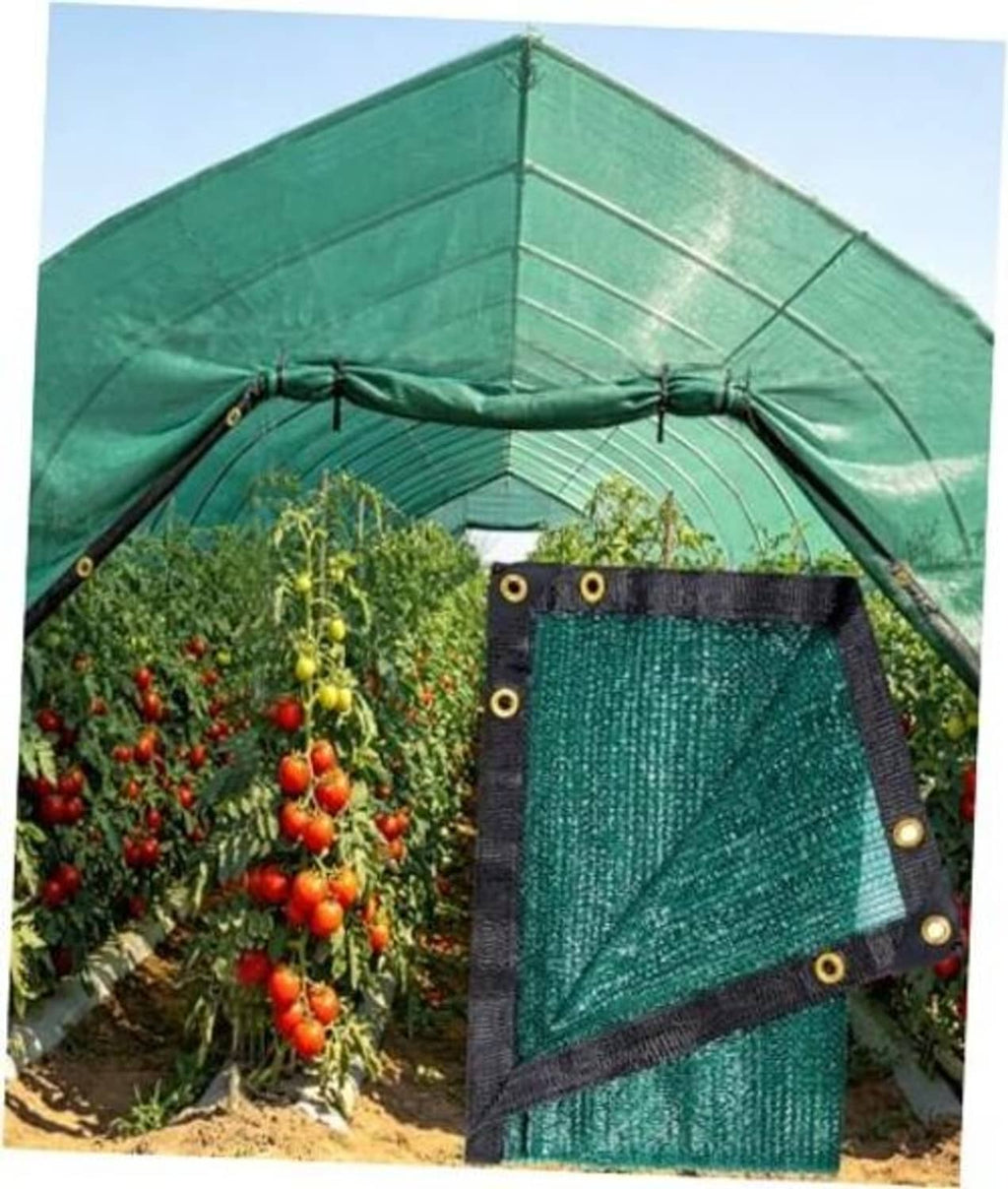 Green shade netting canopy with mesh panels and dark reinforced grommet corners