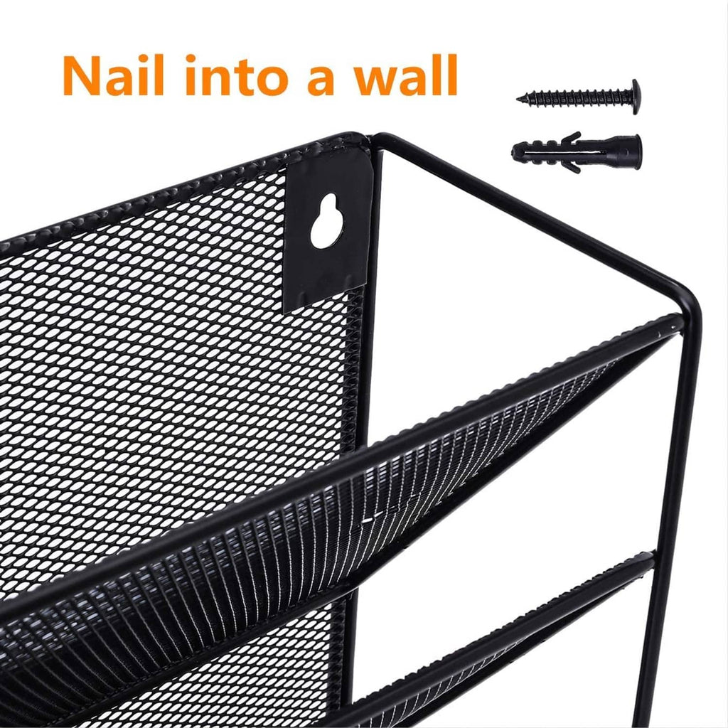 Wall-mounted mesh file organizer with mounting bracket and visible screw hardware
