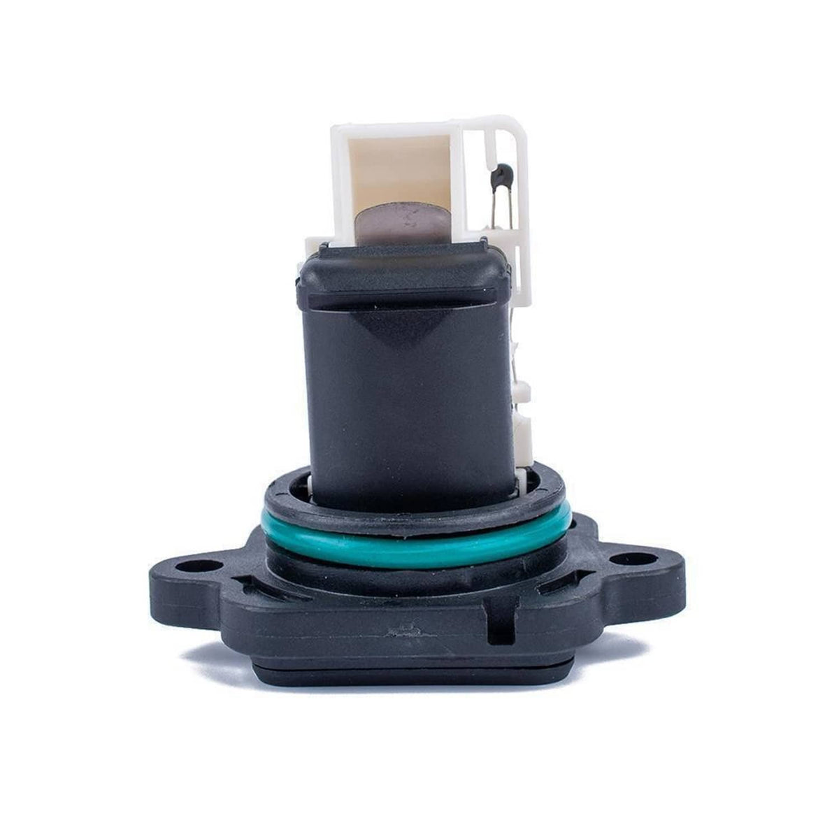Mass air flow sensor with white top module and black body, front quarter view