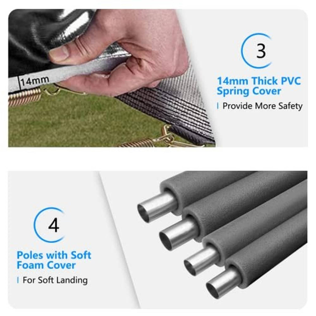 Thick PVC spring cover and foam-covered trampoline support poles for added safety