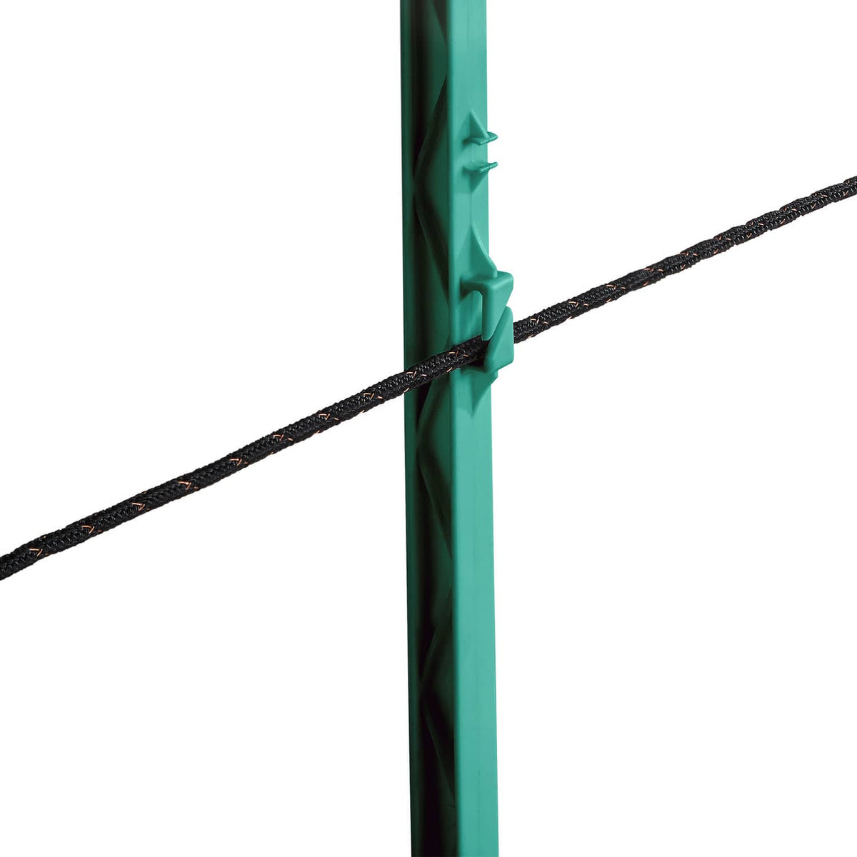 Detail of black electric fence wire tied to a green post