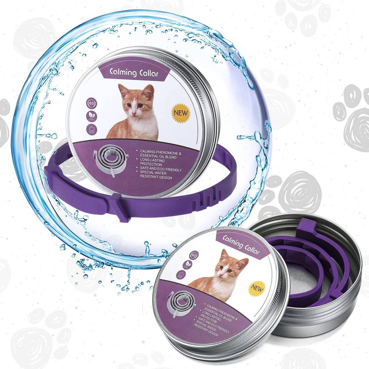 Purple adjustable calming pet collar loops in a metal tin, with water splash