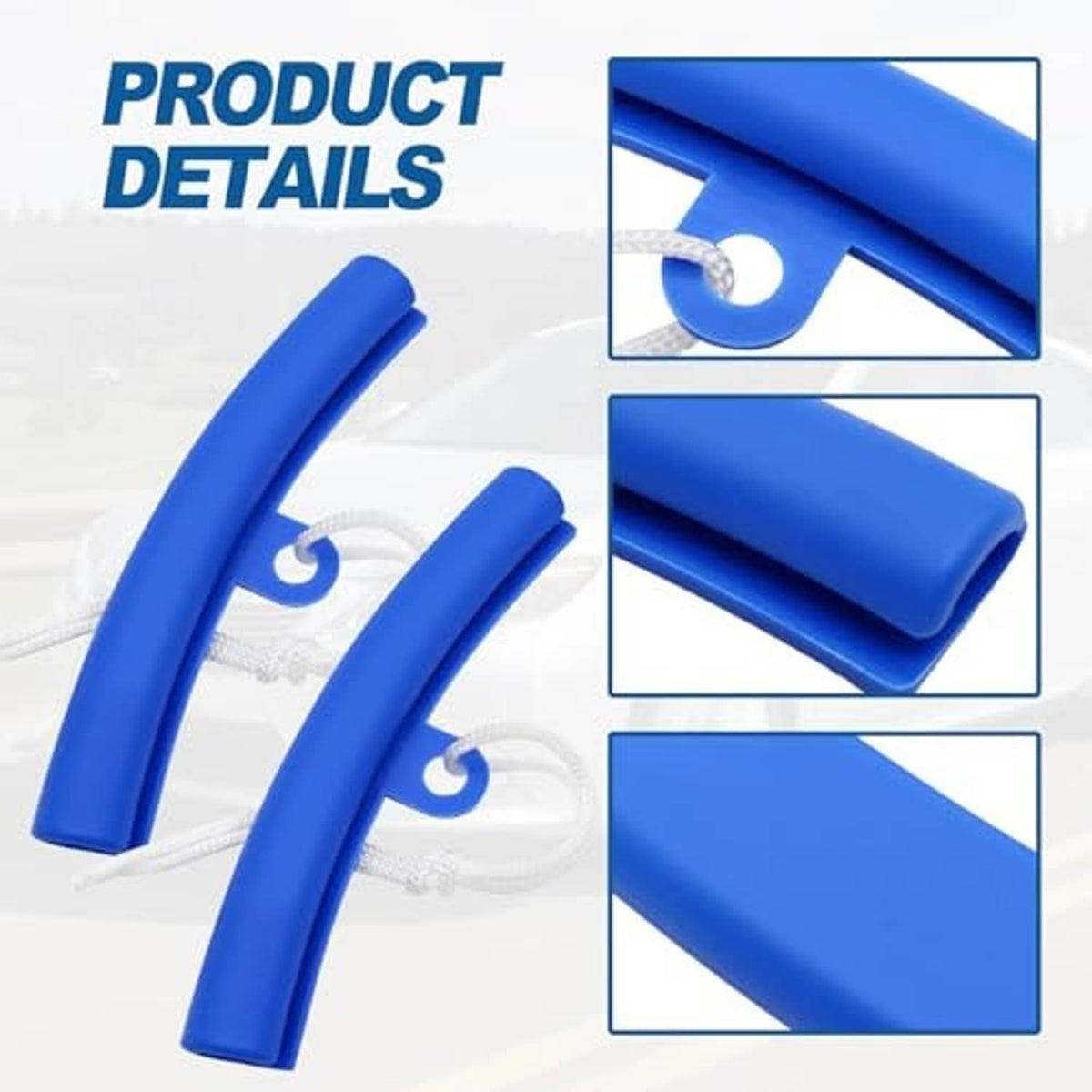 Blue tire rim protector edge savers with white cords, shown as multiple pieces