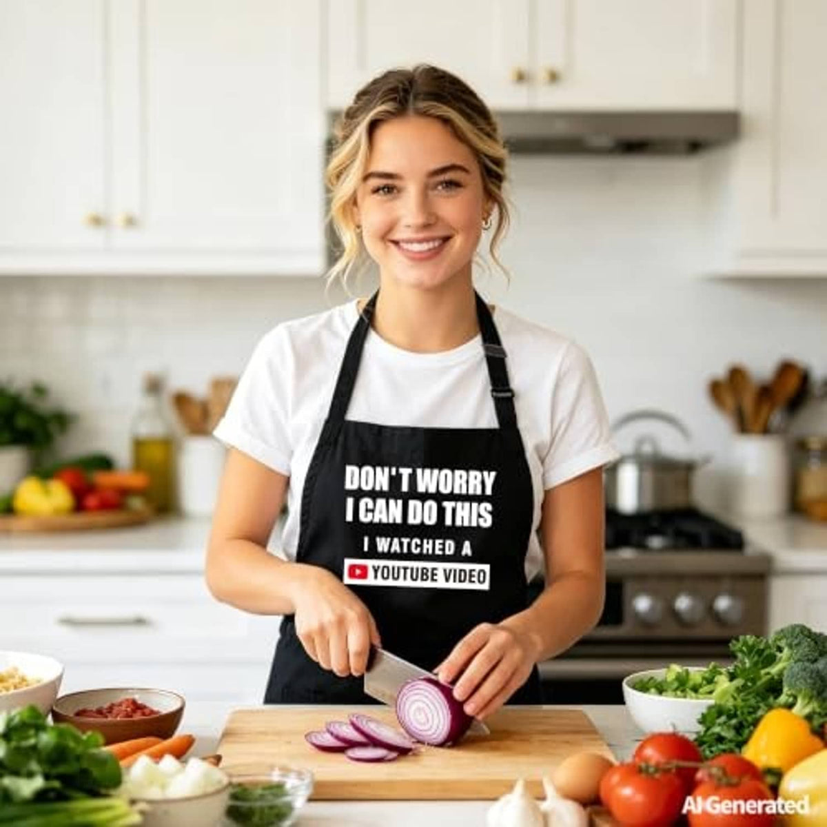 Black kitchen apron worn by a chef, with quote and YouTube video badge on chest
