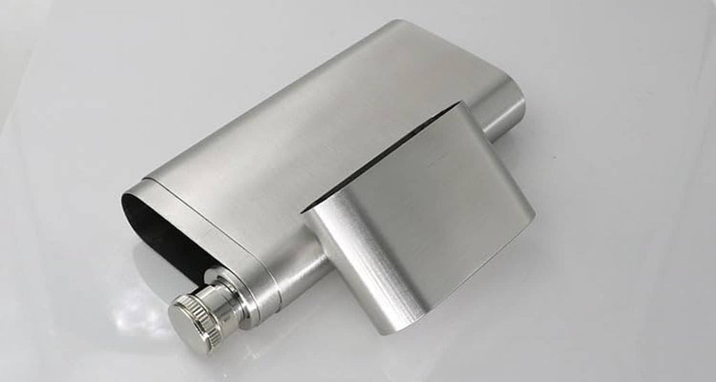 Stainless steel cigar case with flask tube and angled spout, lid open