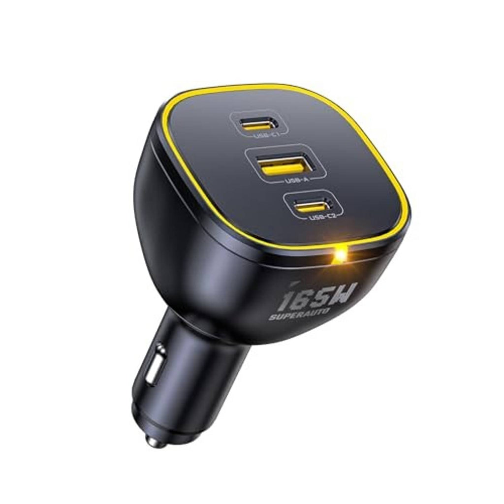 Black car charger adapter with three ports (USB-A and dual USB-C) and yellow trim.