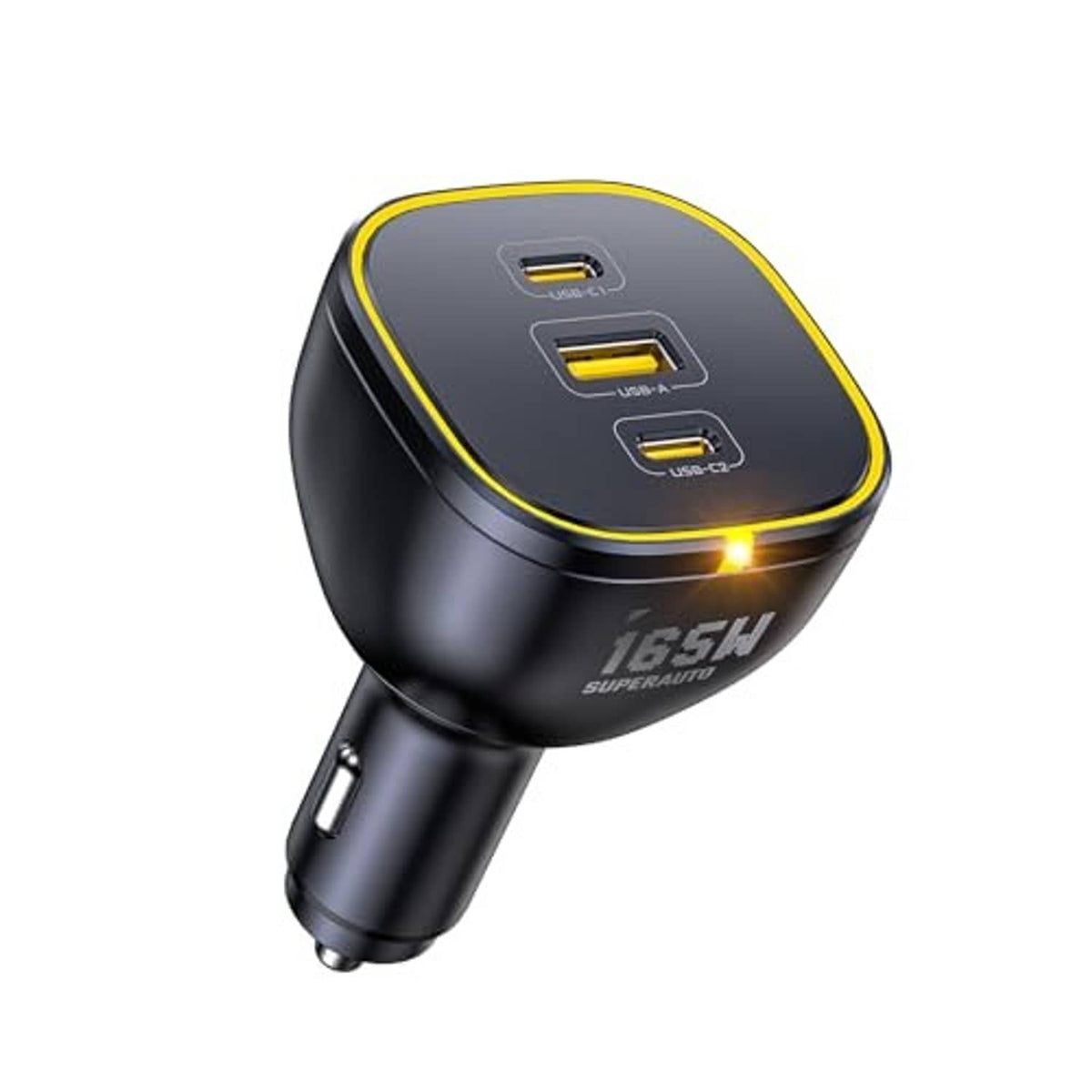Black car charger adapter with three ports (USB-A and dual USB-C) and yellow trim.