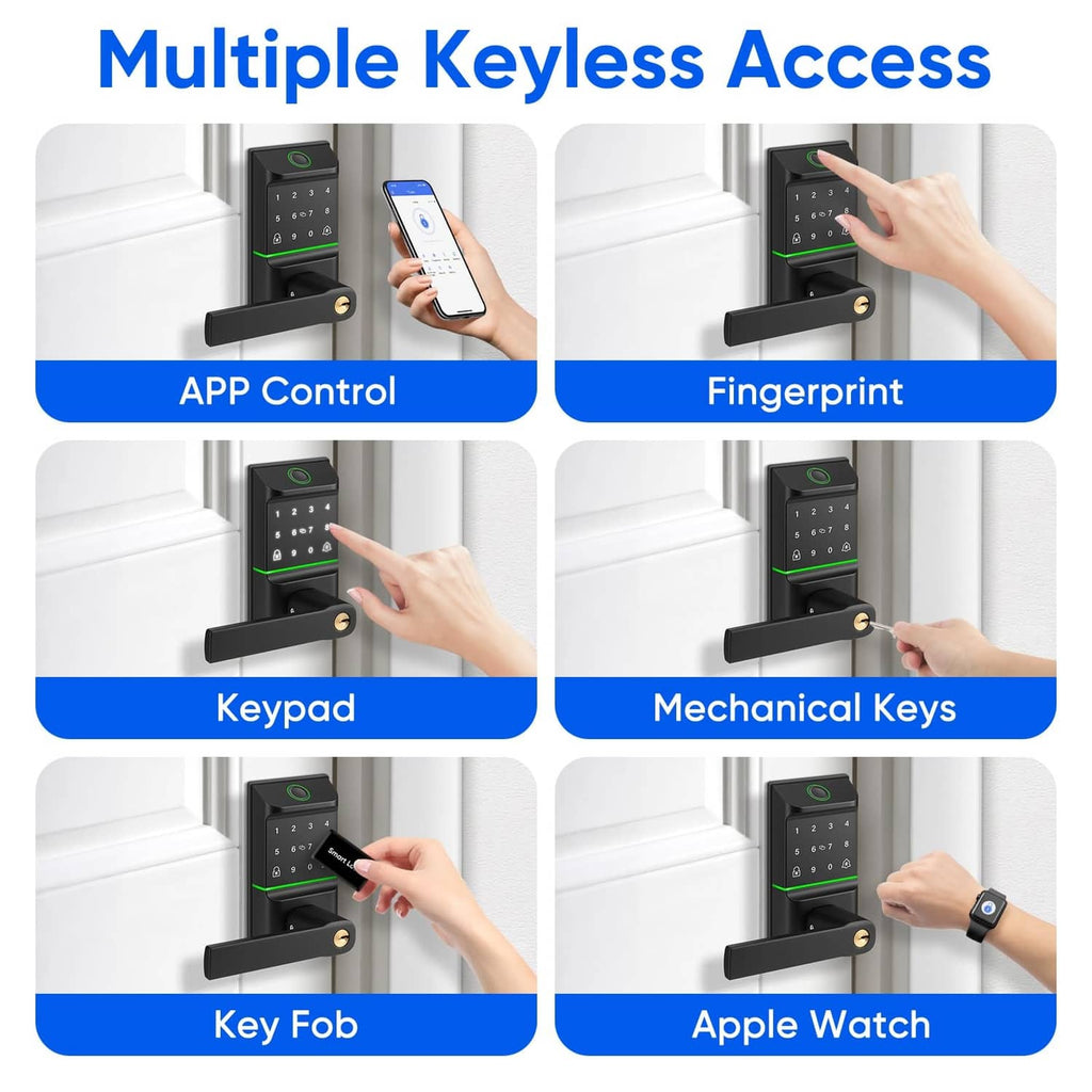 Smart keypad door lock on door, showing keyless entry options and fingerprint sensor