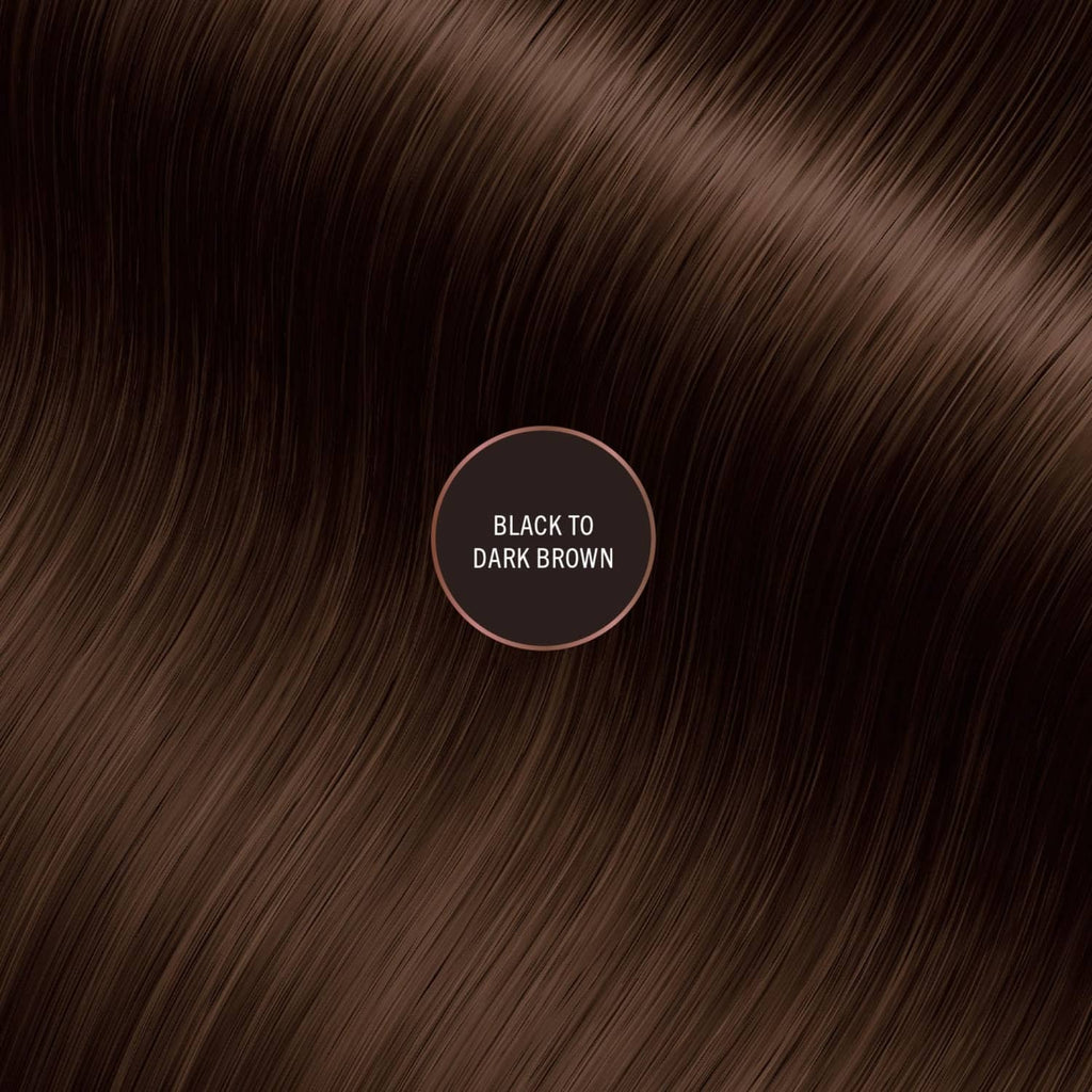 Hair shade swatch labeled black to dark brown for root touch-up
