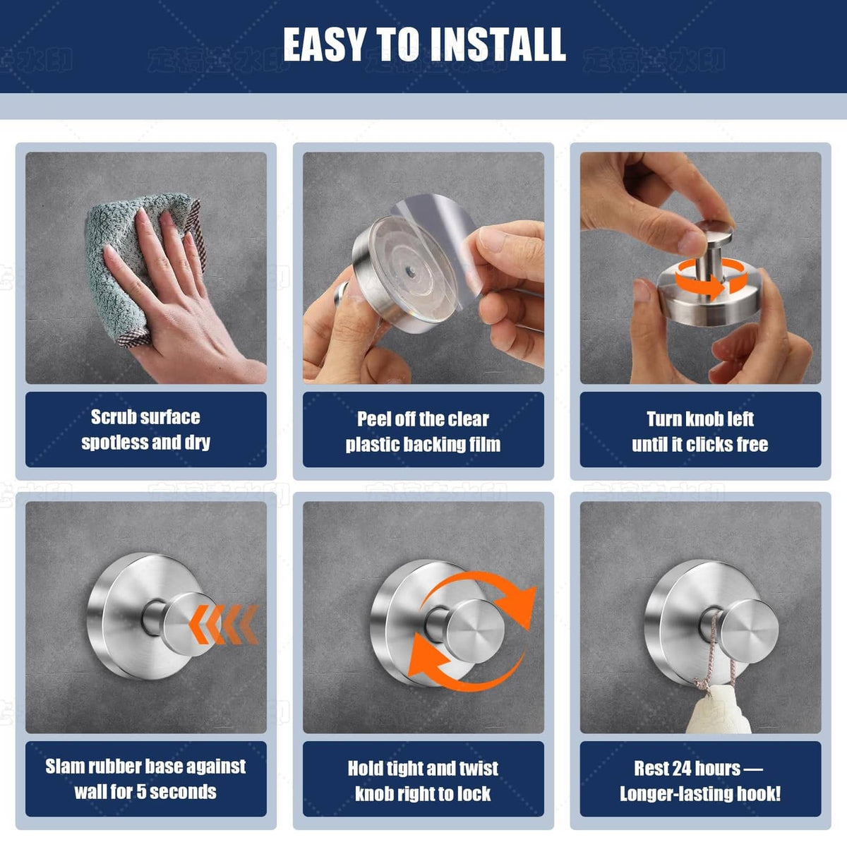 Silver suction cup hook installation steps with twist-and-lock mechanism