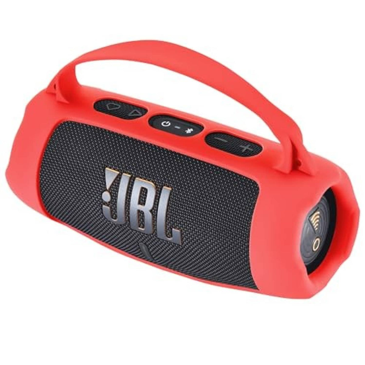 Red silicone speaker case front with JBL logo, grille, and control panel