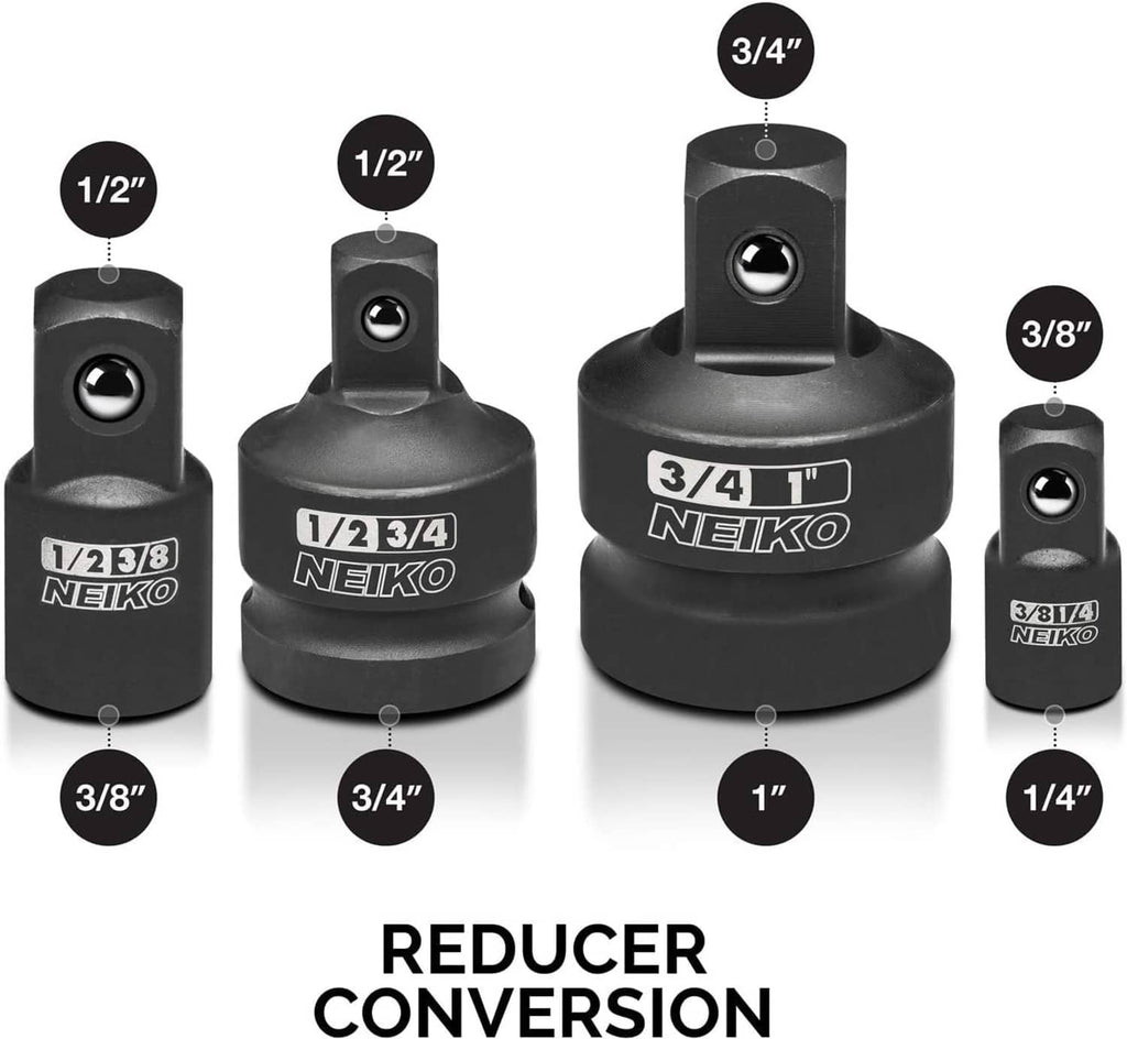 Black reducer conversion set with 1/2 in, 3/4 in, 3/8 in, and 1/4 in adapters