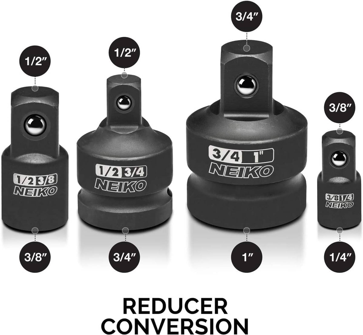 Black reducer conversion set with 1/2 in, 3/4 in, 3/8 in, and 1/4 in adapters