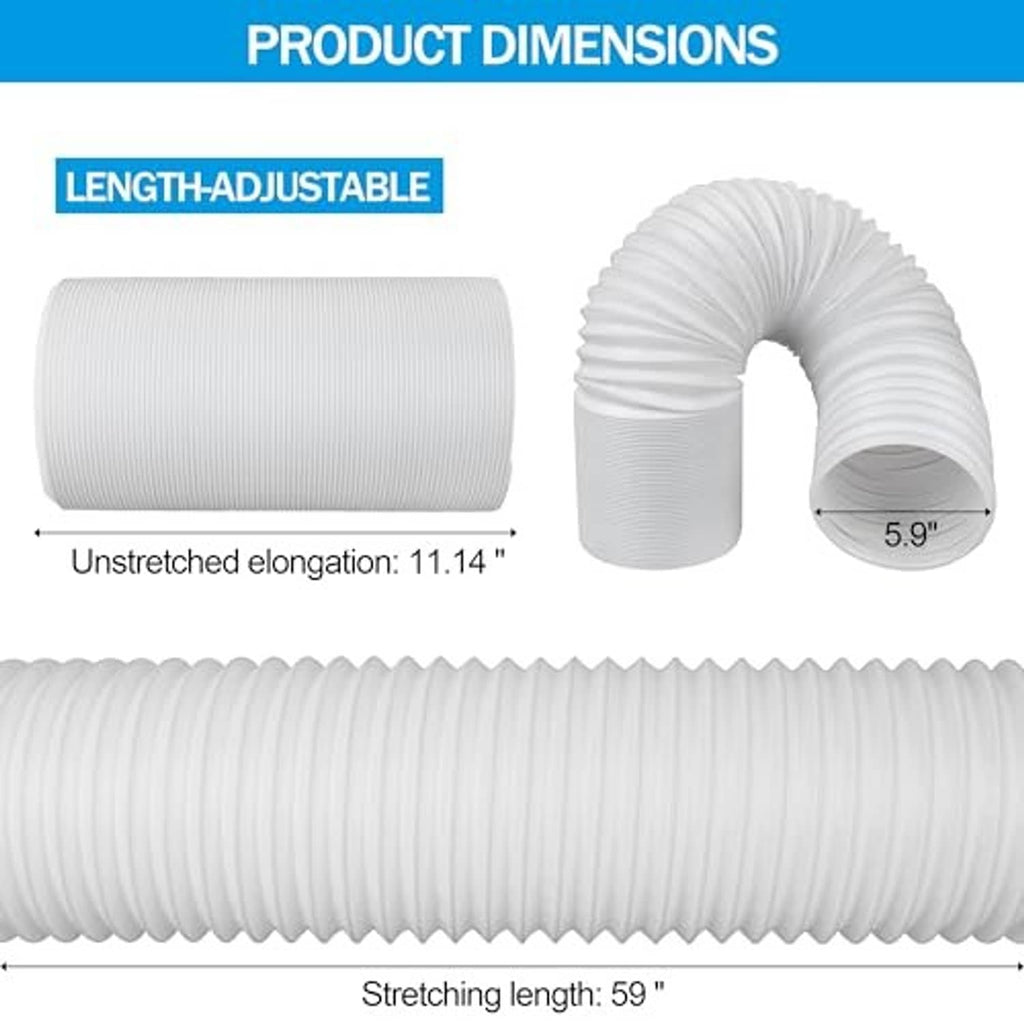 White ribbed exhaust hose with stretch length, showing 5.9 in end size