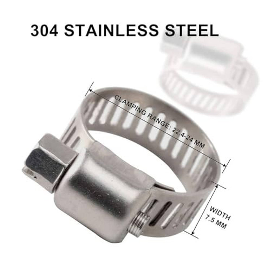 Stainless steel hose clamp band with adjustable screw and mounting tab, metallic silver