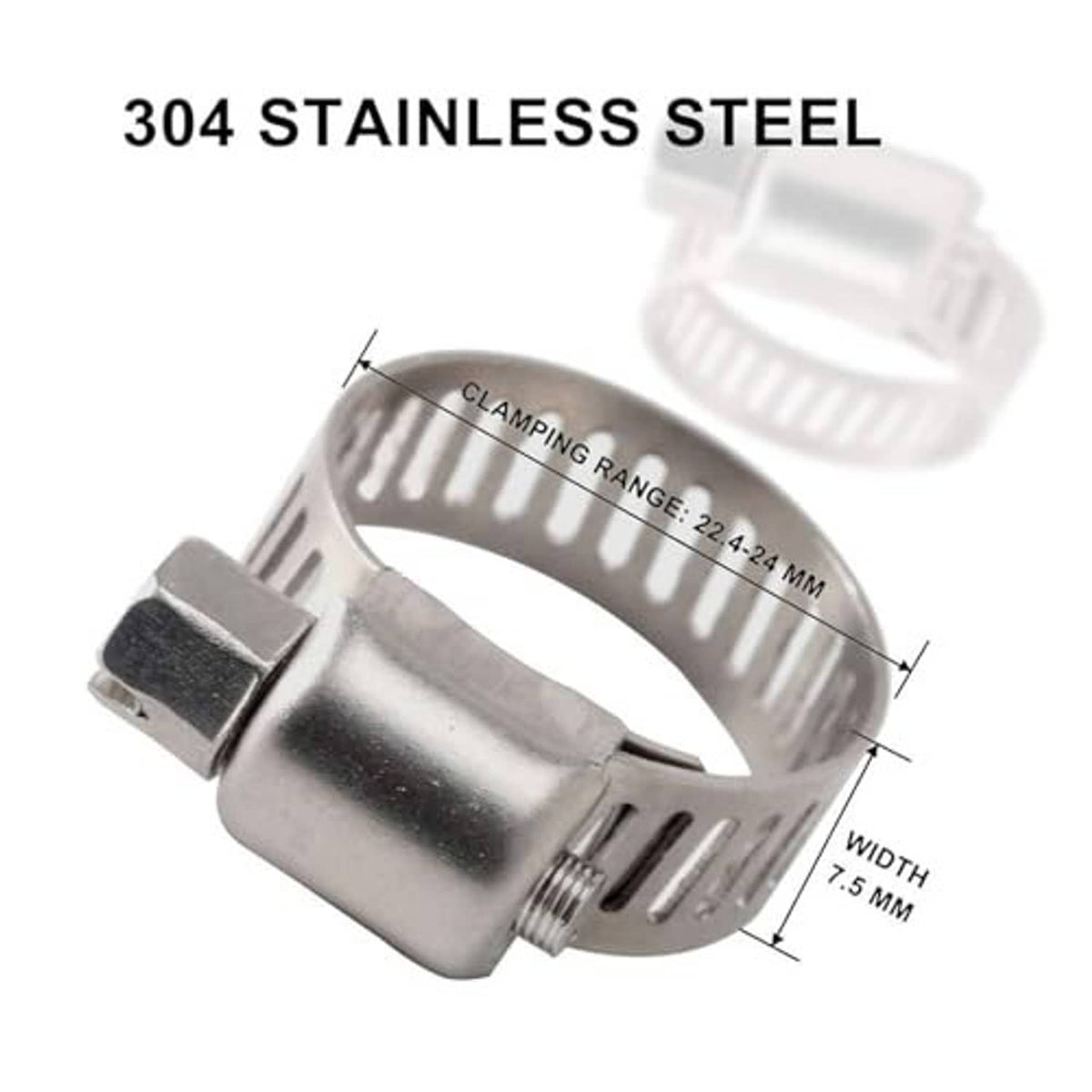 Stainless steel hose clamp band with adjustable screw and mounting tab, metallic silver