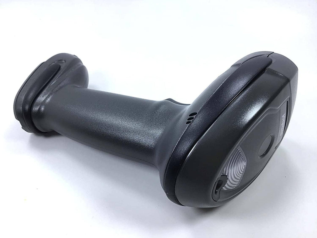 Wireless barcode scanner handset with cradle base, front lens visible