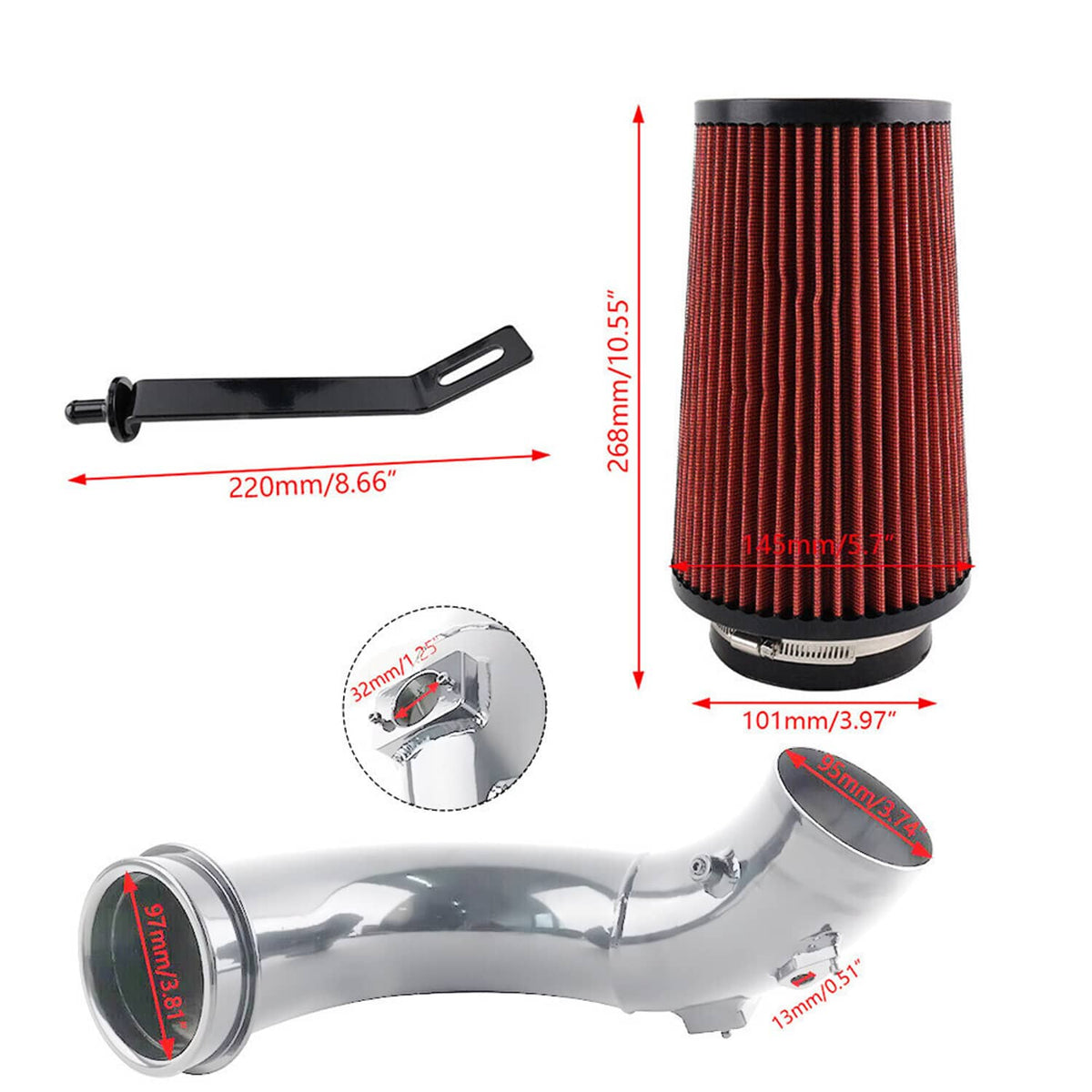 Cold air intake pipe and red pleated filter with size measurement diagram.